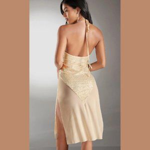 Contrast Sequin Tie Backless Split Thigh Halter Dress Size S
